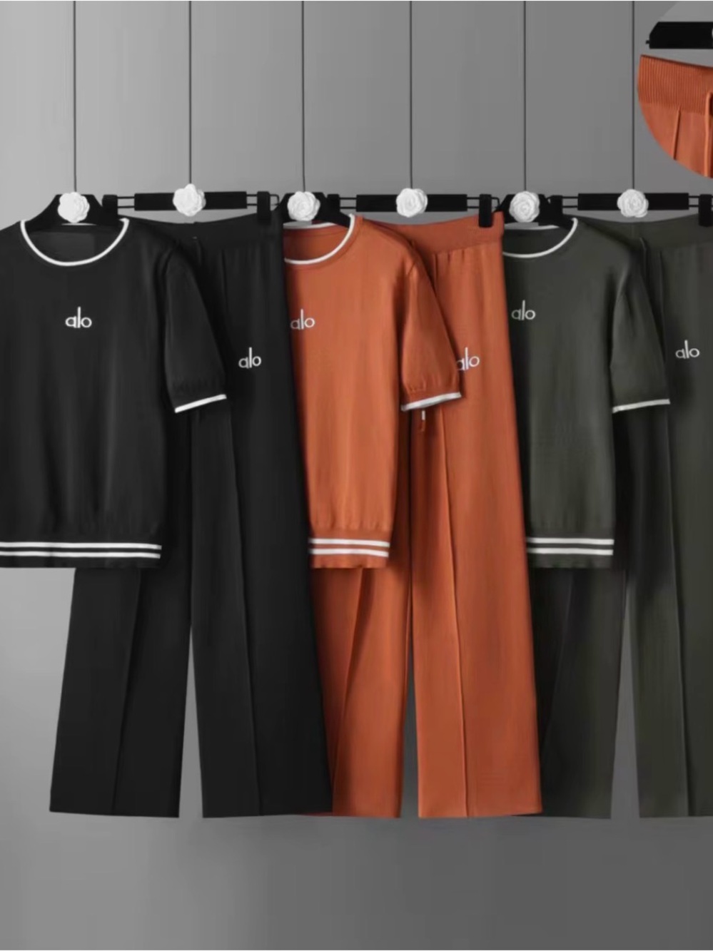 ALO Yoga Short-Sleeve Pajama Set in Black, Orange, and Olive